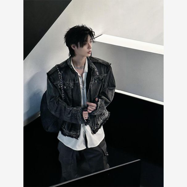Cleanfit Short Denim Rough Edge Design Niche Spring And Autumn Coat Men's American High Street Retro Washed Jacket Tide_mkmklike.com