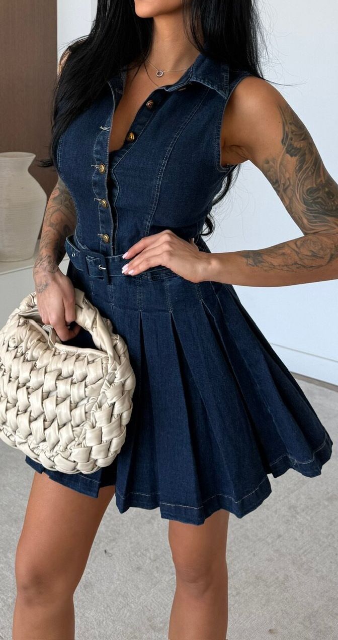 Women's Sleeveless Denim Dress Casual High Waist Button Skirt Dark Blue Light Blue White Summer Fashion_mkmklike.com