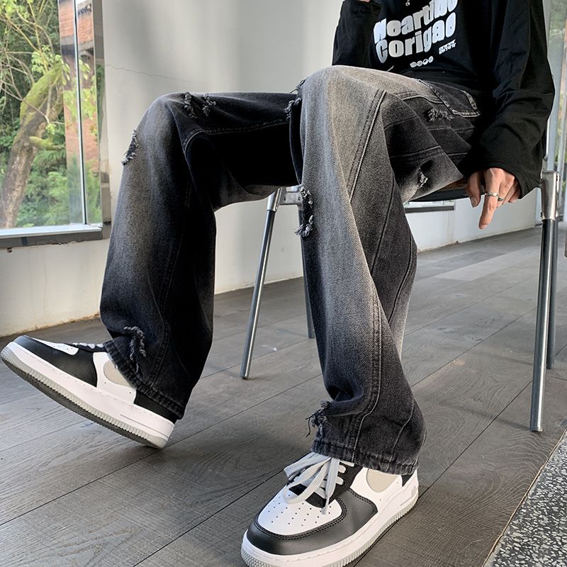 Nordmann Men's Ripped Jeans Loose Straight Black Long Autumn Winter High Trend Vintage Cool Street Style Casual Pants_mkmklike.com