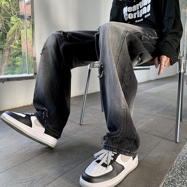 Nordmann Men's Ripped Jeans Loose Straight Black Long Autumn Winter High Trend Vintage Cool Street Style Casual Pants_mkmklike.com
