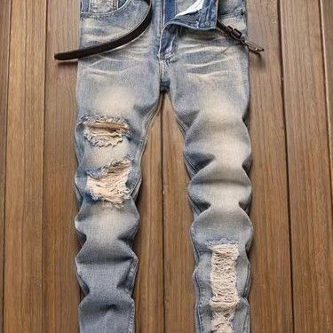 Men's Distressed Vintage Jeans - Straight Leg Ripped Denim Pants For Casual Wear (Sizes 30-42, Classic Blue Wash)_mkmklike.com