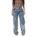 "Edgy Patchwork Jeans With Star Embellishments & Frayed Hem – Vintage Blue Loose Straight Leg Denim For Streetwear"_mkmklike.com