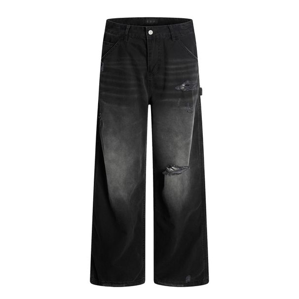 Punk Wasteland Beggar Style Distressed Washed Jeans For Men Vintage Frayed Loose Wide-Leg Straight Work Pants_mkmklike.com