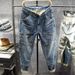 Men's Distressed Denim Jeans Japanese Streetwear Slim Tapered Fit Cargo Pockets Blue Urban Workwear Casual Skate Style 28-38_mkmklike.com