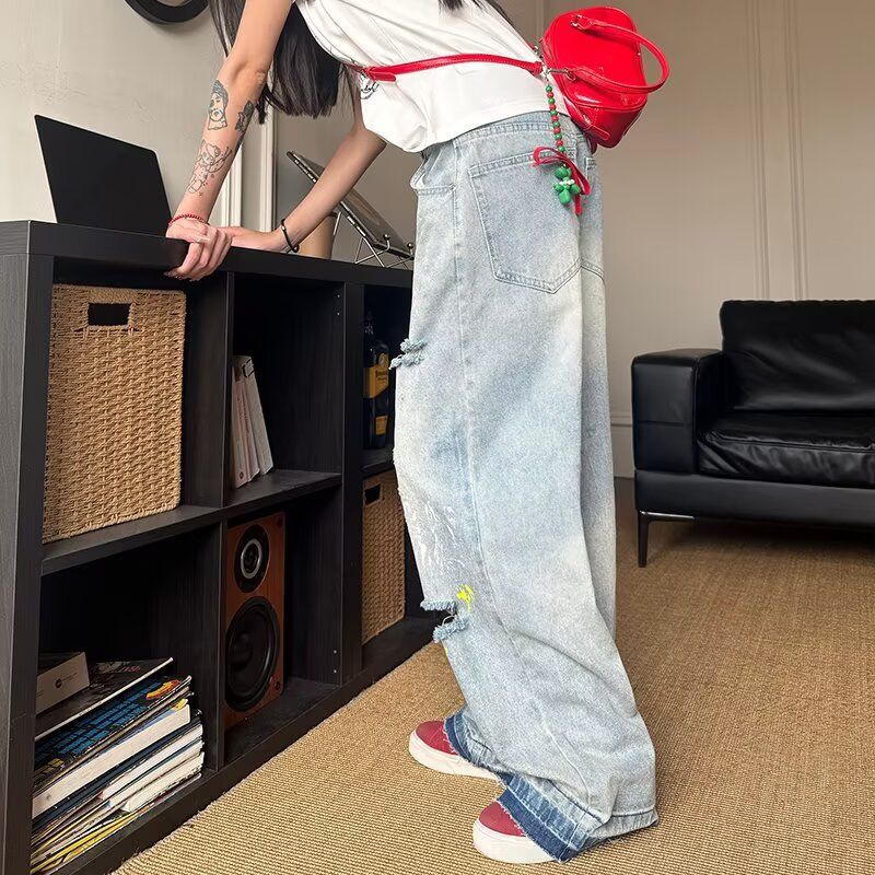 Unisex Retro Cool Washed Distressed Jeans Loose Straight Leg Wide Leg Floor Length Pants High Street Style_mkmklike.com