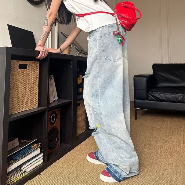 Unisex Retro Cool Washed Distressed Jeans Loose Straight Leg Wide Leg Floor Length Pants High Street Style_mkmklike.com