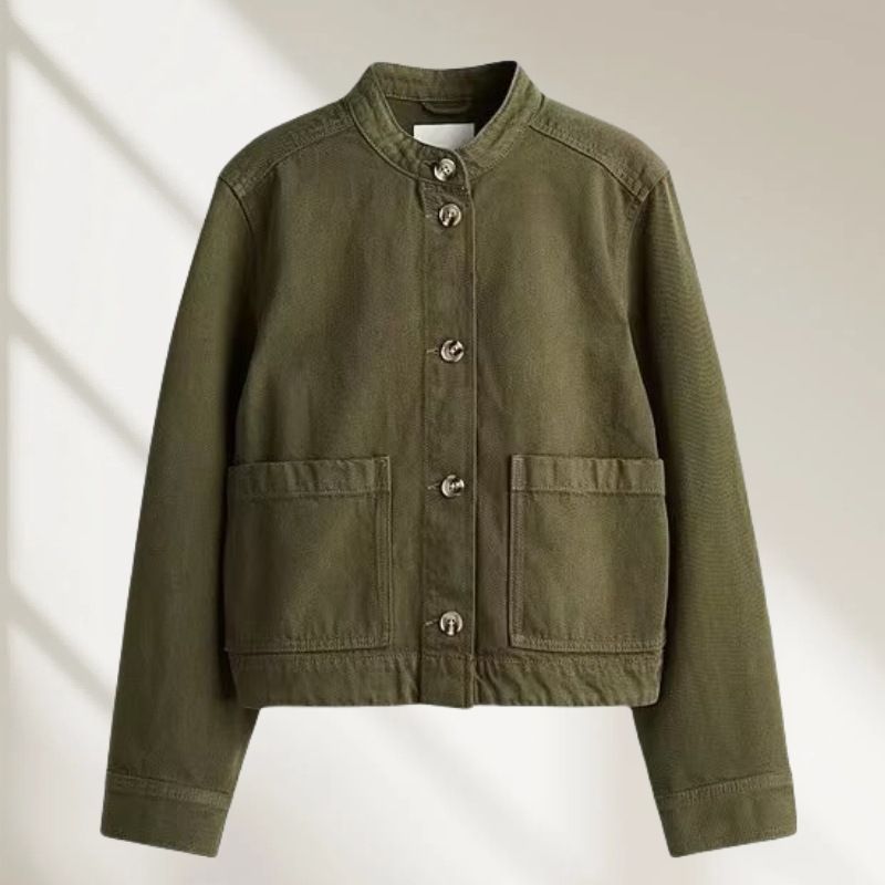 Women's Slim-Fit Twill Denim Jacket – Minimalist Workwear Styling (Gray-Blue/Brown/Olive, XS-L)_mkmklike.com