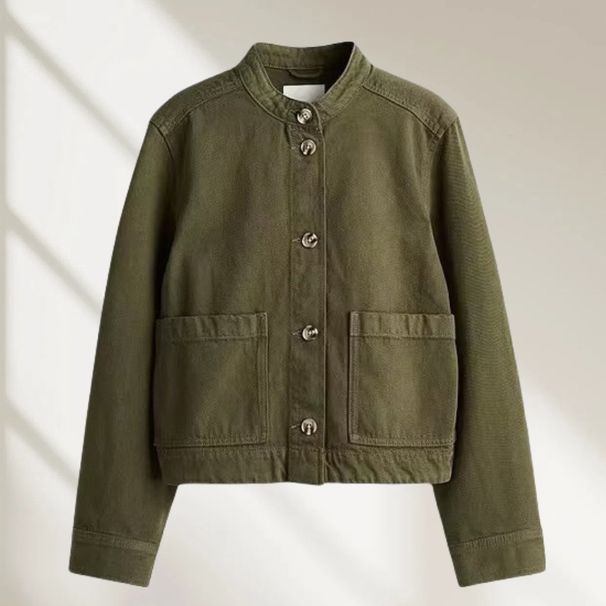 Women's Slim-Fit Twill Denim Jacket – Minimalist Workwear Styling (Gray-Blue/Brown/Olive, XS-L)_mkmklike.com