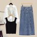 Chicco Plus Size Women's Autumn New Set Stylish Shirt Camisole Slimming Denim Skirt Three-Piece Trendy Outfit_mkmklike.com