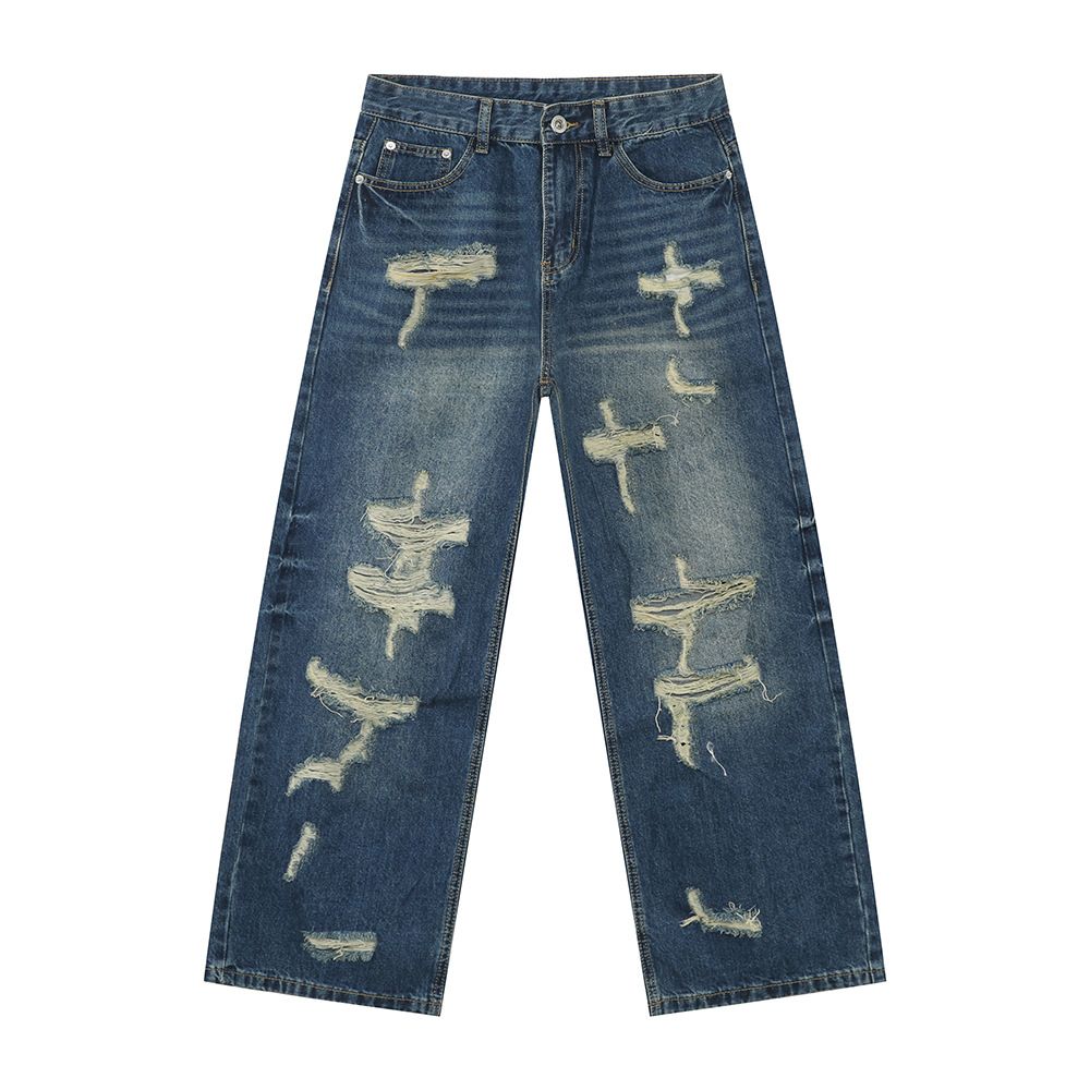Men's Clothing Men's Wear New Niche Irregular Distressed Holes Heavy Work Street Style Straight Jeans Trend_mkmklike.com