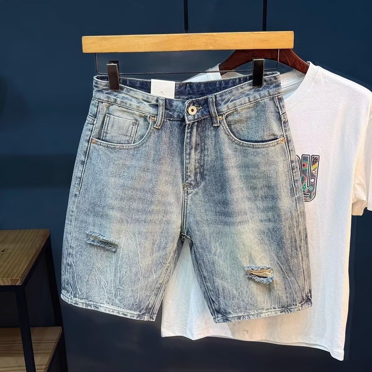 Men's Clothing Light Blue Ripped Denim Shorts For Men Loose Fit Lyocell Fabric Lightweight New Summer Style Five Point Pants_mkmklike.com