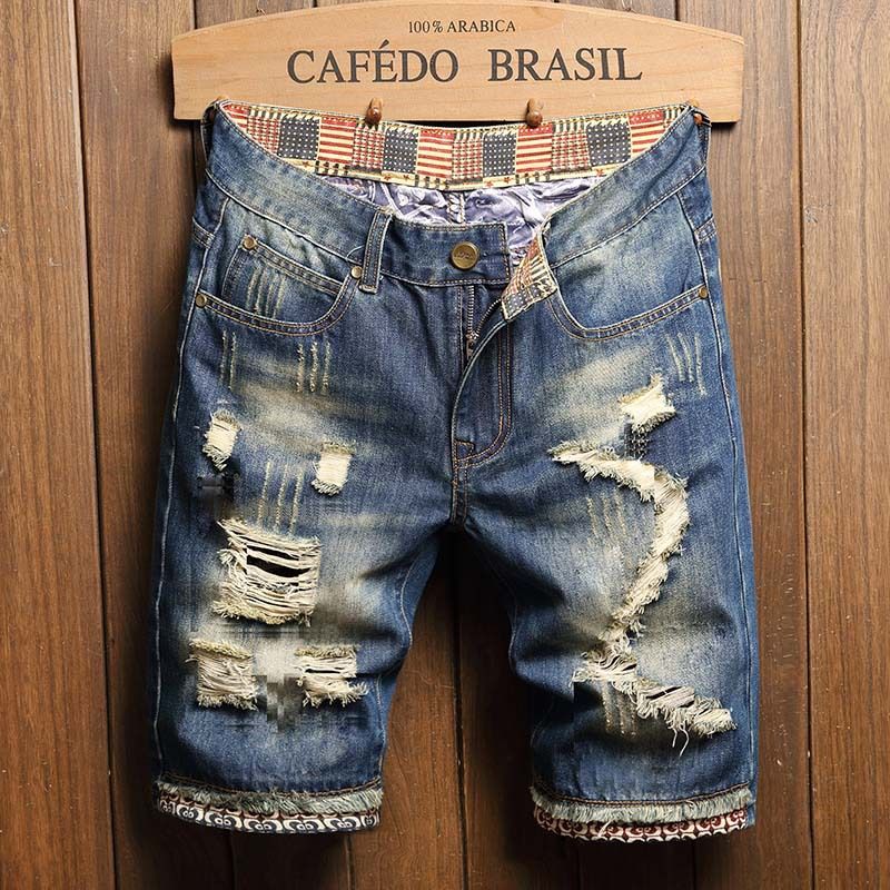 Hole Vintage Men Jeans Shorts Denim Distressed Knee Length Pockets Spliced Cuffs Skinny Washed Punk Style Ripped Mid Waist 2025_mkmklike.com