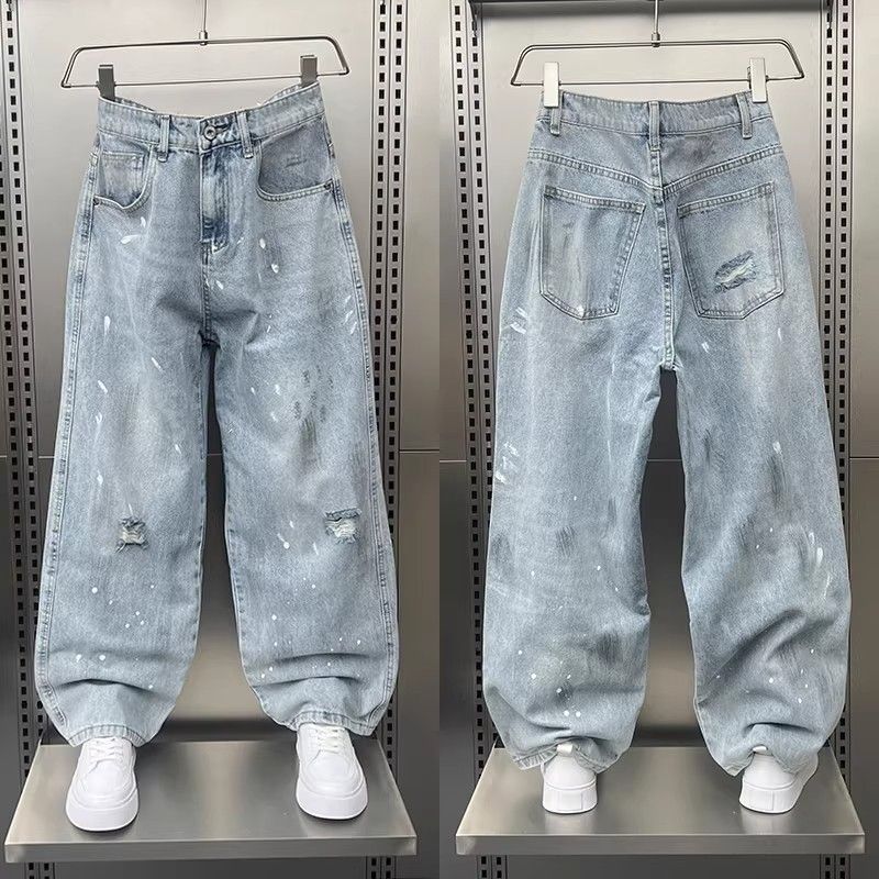Unisex Distressed Denim Pants – Oversized Straight-Leg, Vintage Washed Blue Jeans With Splatter Paint Design_mkmklike.com