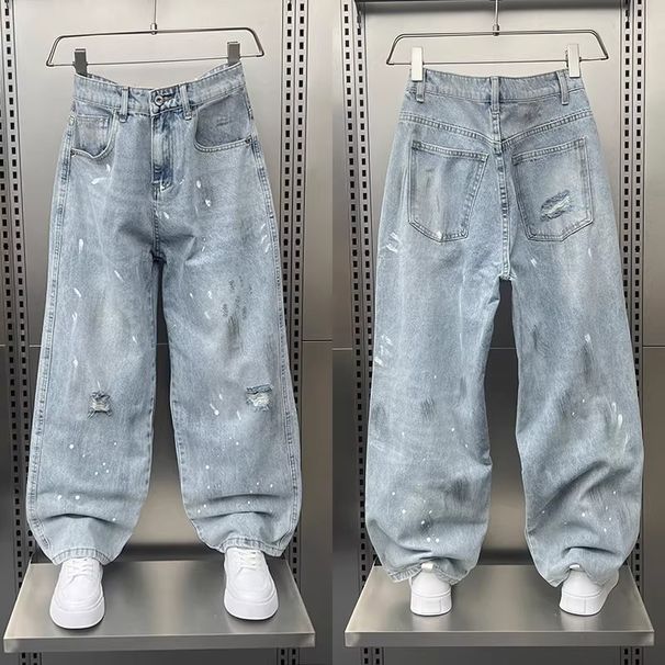 Unisex Distressed Denim Pants – Oversized Straight-Leg, Vintage Washed Blue Jeans With Splatter Paint Design_mkmklike.com