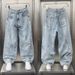 Unisex Distressed Denim Pants – Oversized Straight-Leg, Vintage Washed Blue Jeans With Splatter Paint Design_mkmklike.com