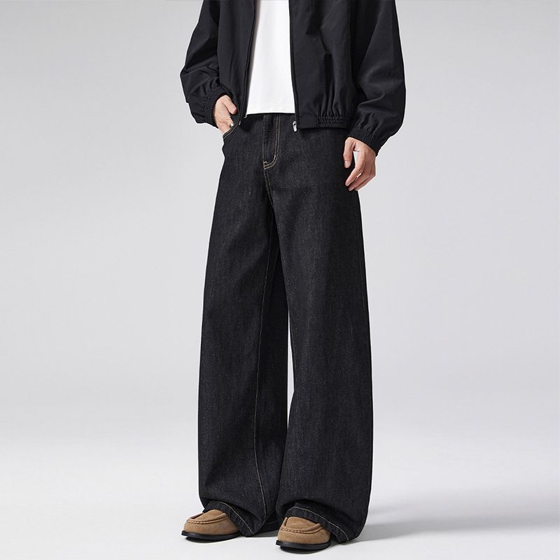 LKTM Men's Retro Raw Denim a Line Jeans Slimming Floor Length Pants Basic Versatile_mkmklike.com
