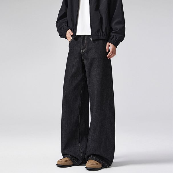 LKTM Men's Retro Raw Denim a Line Jeans Slimming Floor Length Pants Basic Versatile_mkmklike.com