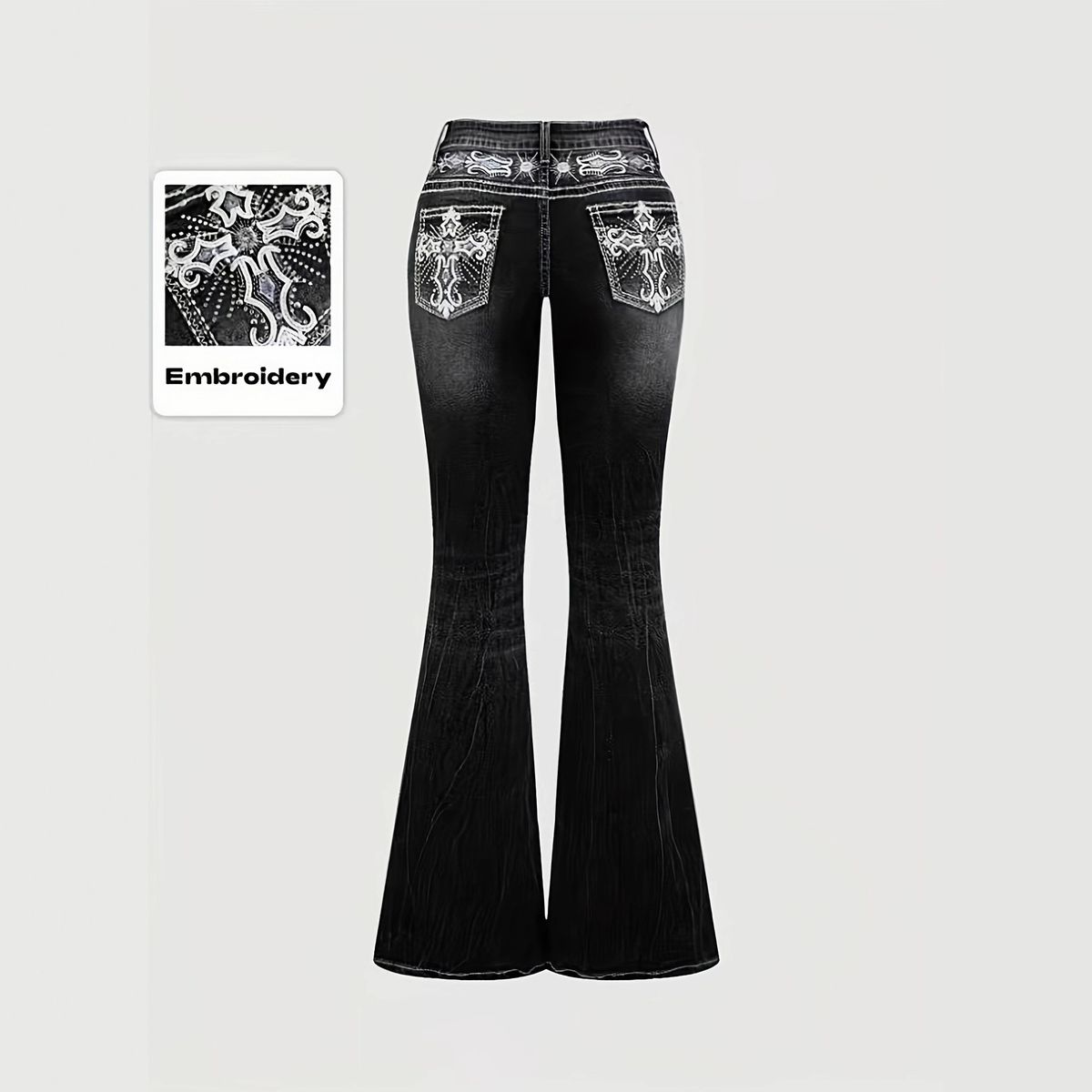 Women's Slim Fit Flared Jeans Dark Washed Pocket Embroidered Rhinestone European American Style Popular Cross Border Trade Denim_mkmklike.com