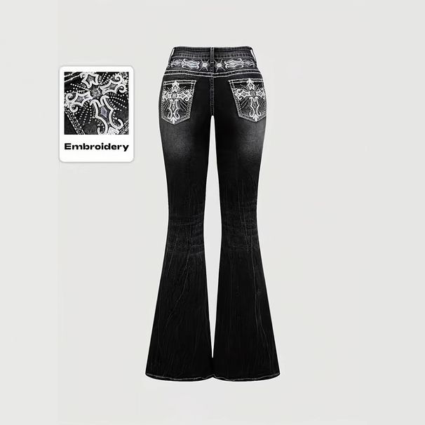 Women's Slim Fit Flared Jeans Dark Washed Pocket Embroidered Rhinestone European American Style Popular Cross Border Trade Denim_mkmklike.com