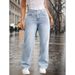Women's Casual Light Blue Washed Overlap Waist Loose Straight Leg Jeans Denim Pants_mkmklike.com