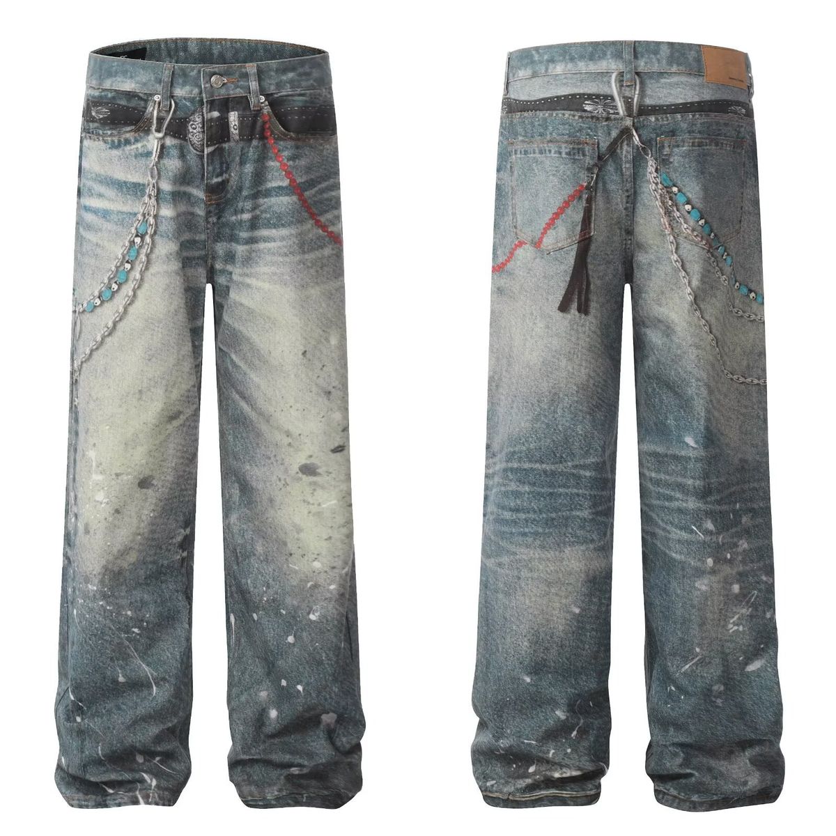 Vintage Washed Denim Jeans For Men – Relaxed Straight Leg, High Street Style, Distressed Splatter Paint Design, Comfortable Cotton Casual Pants_mkmklike.com