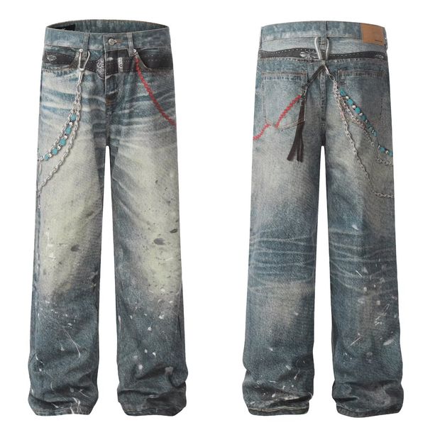 Vintage Washed Denim Jeans For Men – Relaxed Straight Leg, High Street Style, Distressed Splatter Paint Design, Comfortable Cotton Casual Pants_mkmklike.com