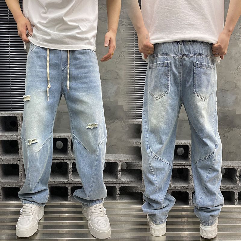 Men's Distressed Patchwork Straight Leg Jeans - Washed Denim With Elastic Waist & Drawstring For Casual Wear_mkmklike.com