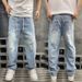 Men's Distressed Patchwork Straight Leg Jeans - Washed Denim With Elastic Waist & Drawstring For Casual Wear_mkmklike.com