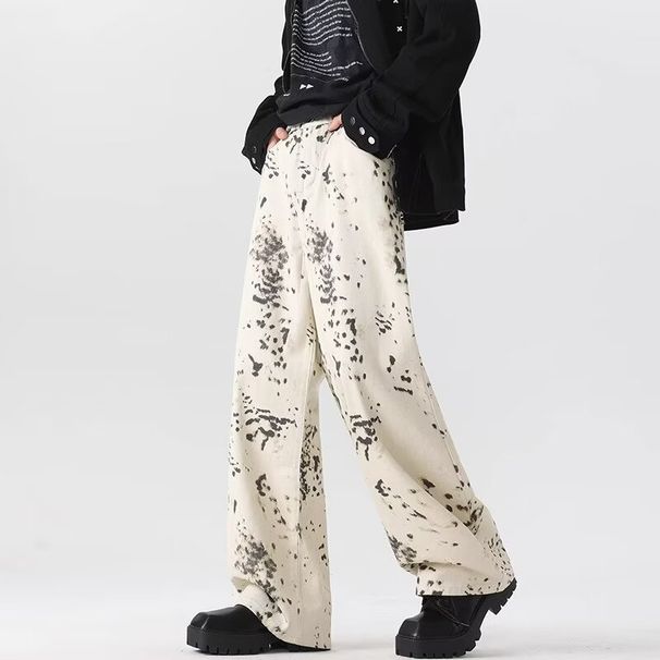 European And American High Street Wide-leg Pants Leopard Print Jeans Male Ruffian Handsome Fried Street American Loose Casual Pants_mkmklike.com