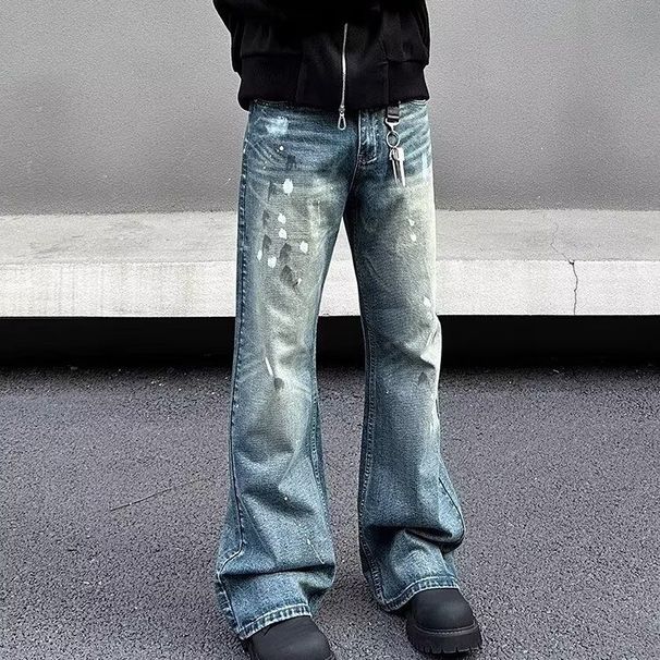 Men's Retro Splatter Paint Jeans – High-Street Drop-Crotch Straight & Flared Pants (S-3XL) | Vintage Washed Cotton, Button Fly_mkmklike.com