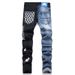 Men's Clothing Men's Light Blue Distressed Jeans With Color-Block Panels, Stretch Slim Fit Pants With Printed Design_mkmklike.com