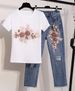 Women's Clothing Denim Suit Summer Beaded Embroidered Three Dimensional Flower Short Sleeved T Shirt Ripped Nine Point Jeans_mkmklike.com