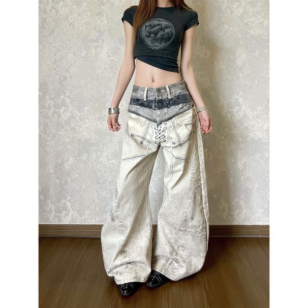 Men Women Wide Leg Trousers Loose Fit Waistband Tie Jeans Summer Design American Street Subculture Digital Print_mkmklike.com