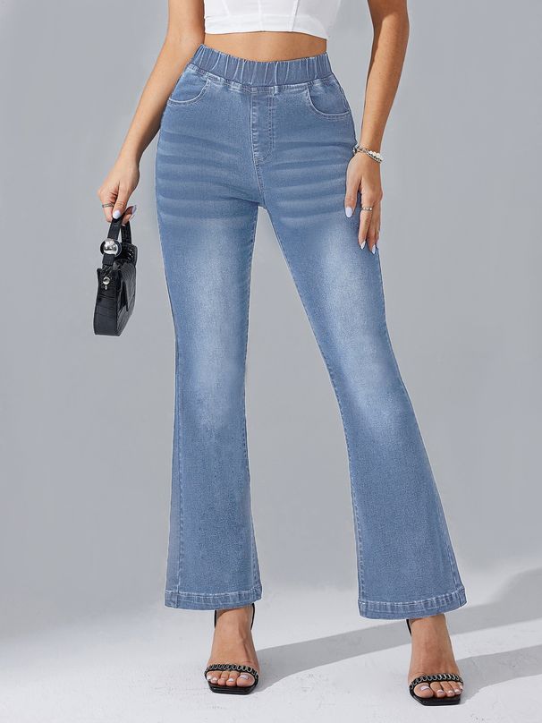 Women's Clothing Jeans Elastic Waist Stretch Washed Jeans Flared Pants_mkmklike.com