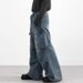 Trendy High Street Washed Denim Cargo Men's Multi-Pocket Design Wrinkled Vintage Loose Wide-Leg Pants_mkmklike.com