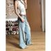 Women's American-style Washed Blue Straight-leg Jeans, New Autumn High-waisted Loose Slimming Distressed Wide-leg Pants_mkmklike.com