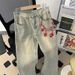 Embroidered Jeans Men's Summer Washed Vintage American High Street Micro Flared Spring And Autumn Loose Straight Leg_mkmklike.com