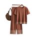 Women's Clothing summer new simple fashion round neck solid color short-sleeved top + trousers contrast edge knitted two-piece set_mkmklike.com