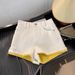 Women's Clothing Dopamine Lemon Yellow Denim Shorts Summer Design Contrast Color A Line Wide Leg Hot Pants_mkmklike.com