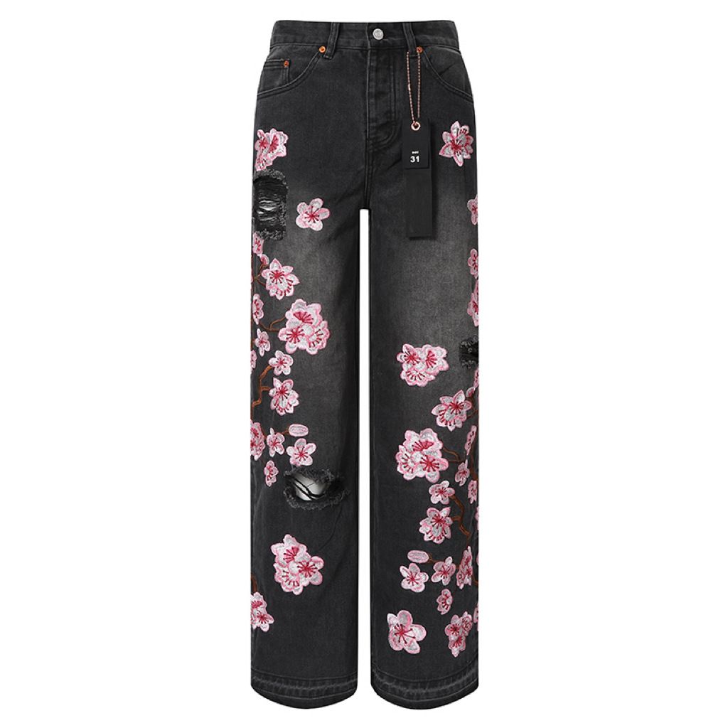 Men's Clothing Peach Blossom Embroidery Fashionable And Casual Simple Loose Wide Leg Casual Jeans_mkmklike.com
