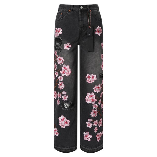 Men's Clothing Peach Blossom Embroidery Fashionable And Casual Simple Loose Wide Leg Casual Jeans_mkmklike.com