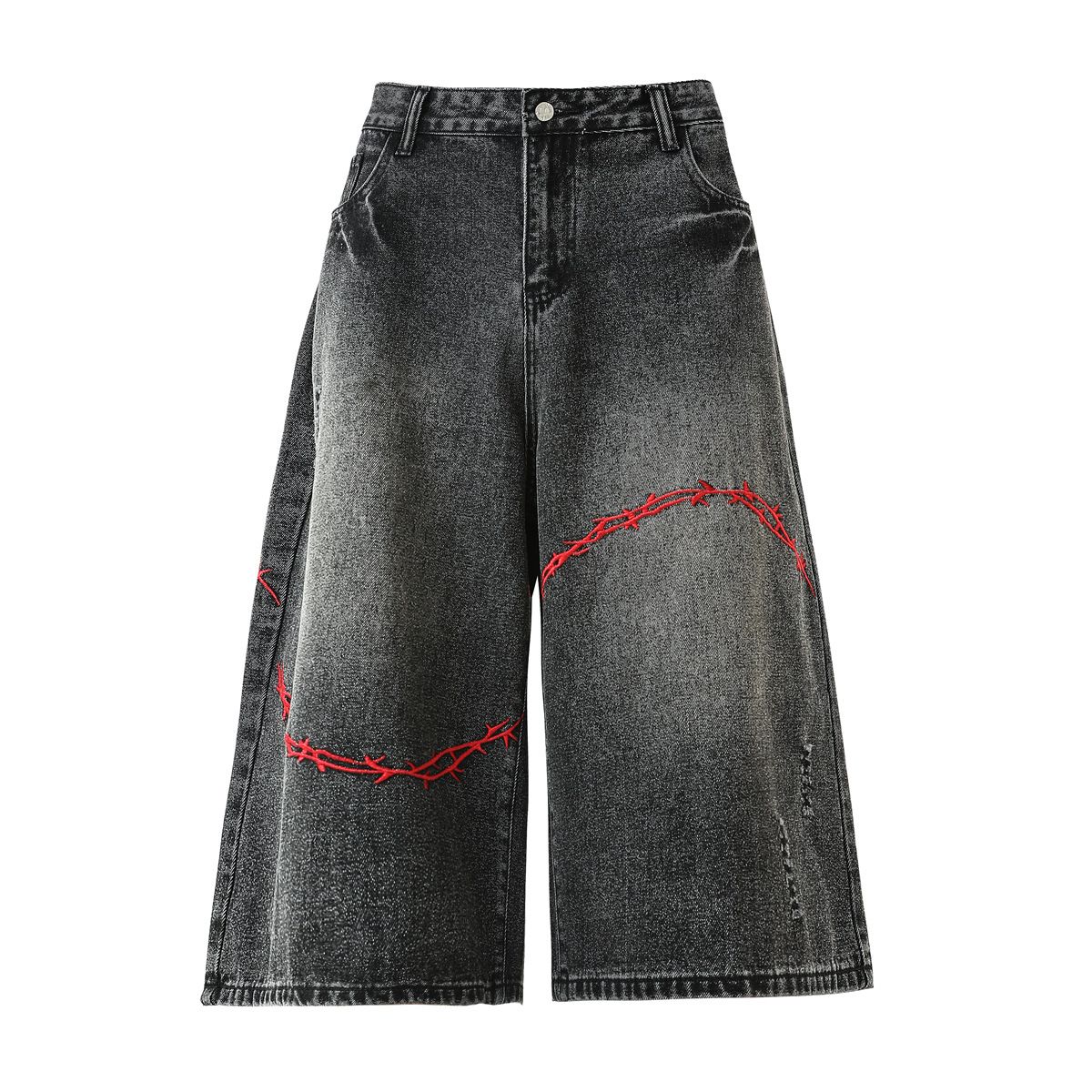 Men's Clothing Men's Summer Trendy Thorn Embroidery Denim Shorts Unique Design Loose Fit Casual Wide Leg Cropped Pants_mkmklike.com