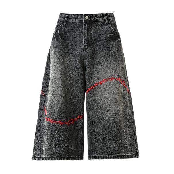 Men's Clothing Men's Summer Trendy Thorn Embroidery Denim Shorts Unique Design Loose Fit Casual Wide Leg Cropped Pants_mkmklike.com