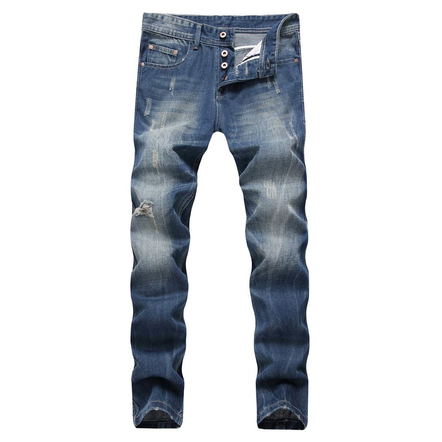 Men's Straight Fit Distressed Jeans – Button Fly & Vintage Wash (Size 28-42, Light Blue)_mkmklike.com