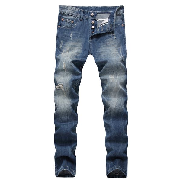 Men's Straight Fit Distressed Jeans – Button Fly & Vintage Wash (Size 28-42, Light Blue)_mkmklike.com