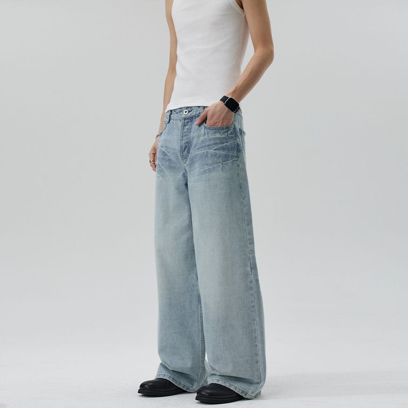Men's Washed Light Blue Jeans Loose Fit Straight Leg Clean Cut Versatile Pants With Lightning Floral Pattern_mkmklike.com