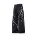 Men's Black Loose Wide Leg Jeans Lightning Embroidered American High Street Style Heavy Duty Floor Length Trousers_mkmklike.com