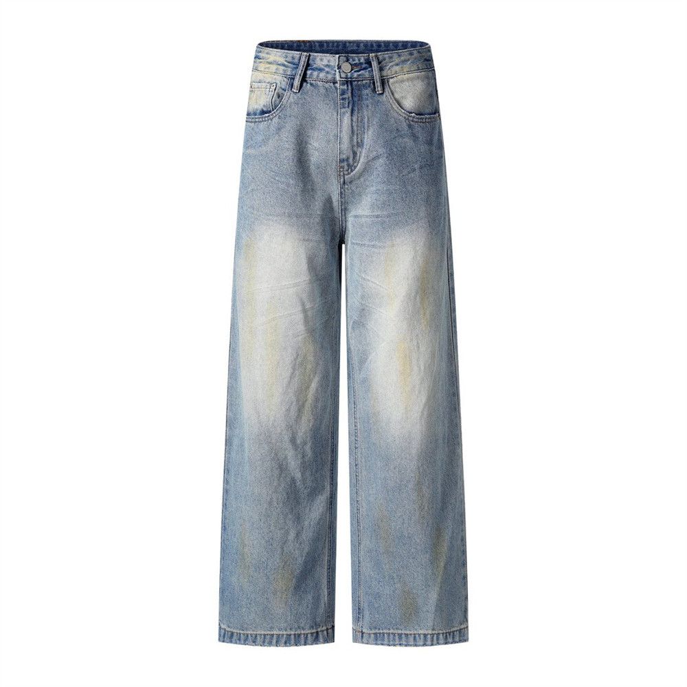 Distressed Washed Jeans For Men, Dad Punk Style, Worn And Loose Straight-Leg Pants_mkmklike.com