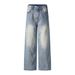 Distressed Washed Jeans For Men, Dad Punk Style, Worn And Loose Straight-Leg Pants_mkmklike.com