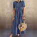Retro Women Dresses 2025 Short Sleeve Turn Down Collar Pockets Button Long Loose Denim Dress Summer Long Dress_mkmklike.com